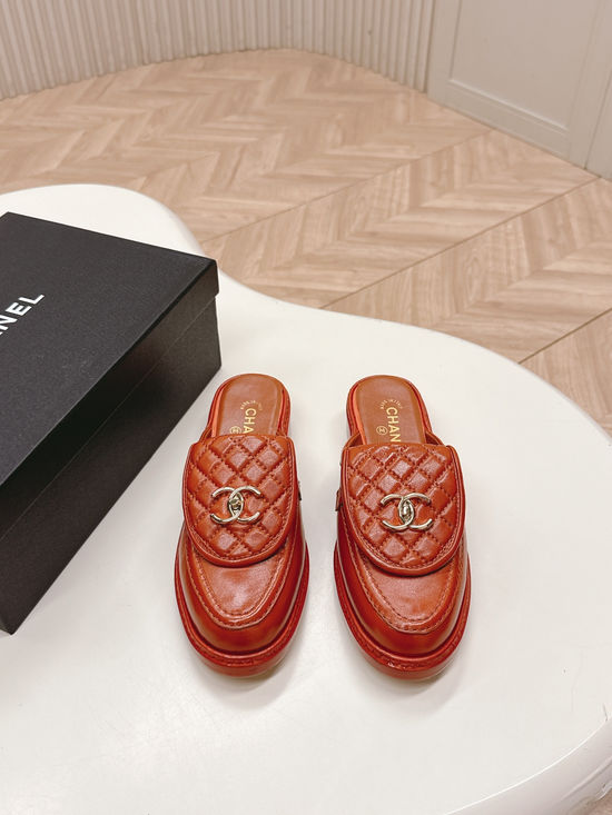 Chanel Premium Leather Buckle Decor Leather Sole Loafer Mules
