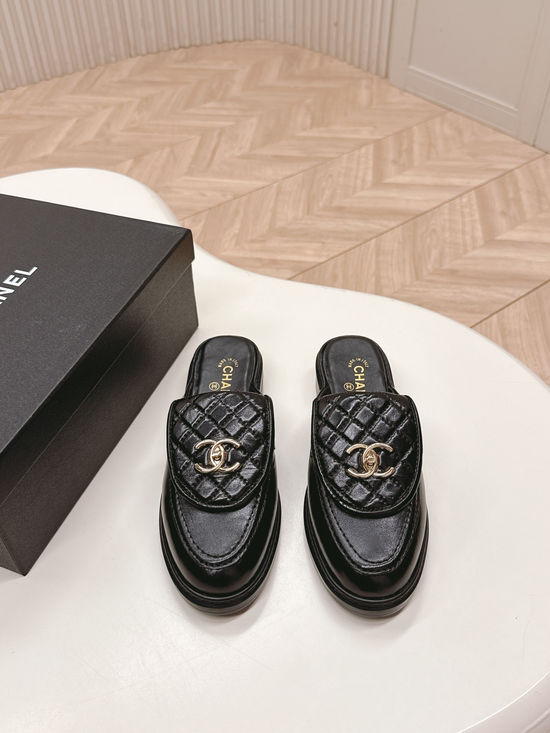 Chanel Premium Leather Buckle Decor Slip-On Loafer Mules