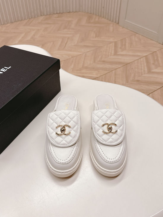 Chanel Premium Leather Buckle Decor Slip-On Loafer Mules
