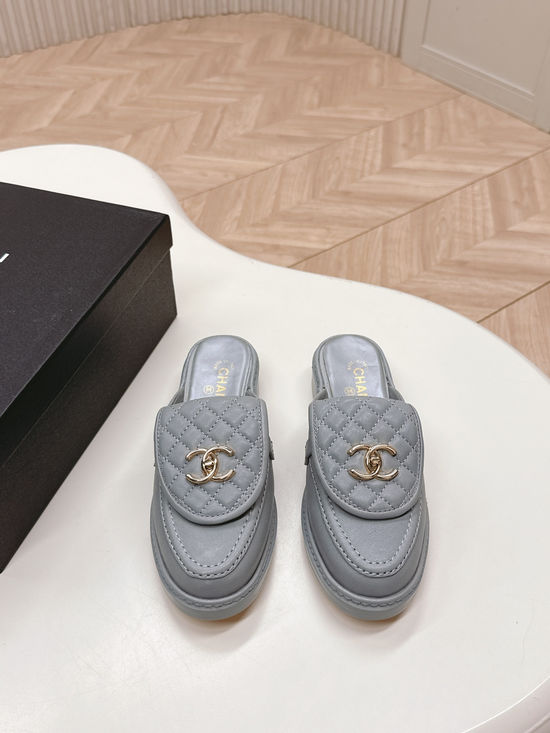 Chanel Premium Leather Buckle Decor Slip-On Loafer Mules