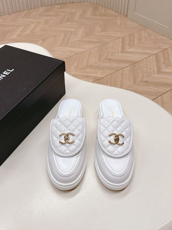 Chanel Premium Leather Buckle Decor Slip-On Loafer Mules