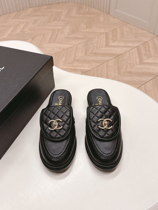 Chanel Premium Leather Buckle Decor Slip-On Loafer Mules