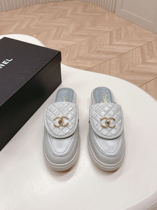 Chanel Premium Leather Buckle Decor Slip-On Loafer Mules