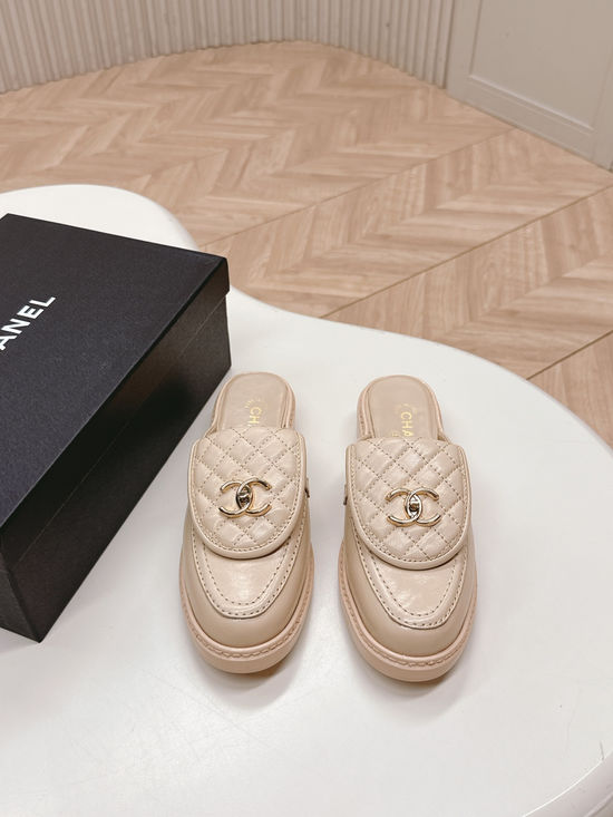 Chanel Premium Leather Buckle Decor Slip-On Loafer Mules