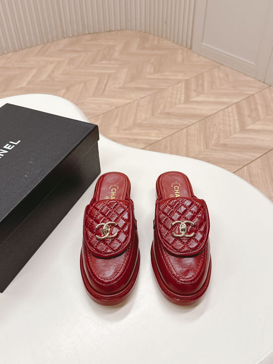 Chanel Premium Leather Buckle Decor Slip-On Loafer Mules