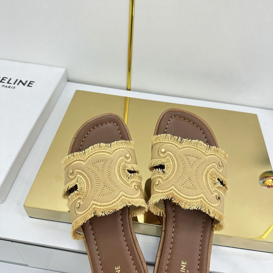 Celine Embroidered Upper Genuine Leather Sole Slides
