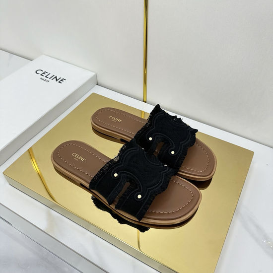 Celine Embroidered Upper Genuine Leather Sole Slides