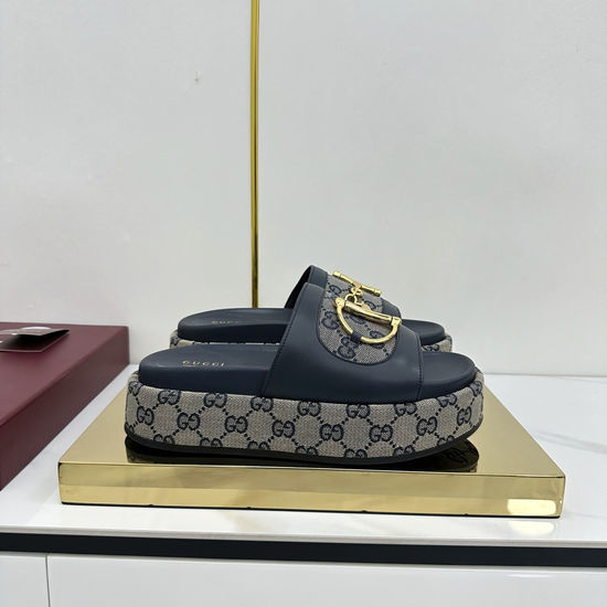 Gucci Wedge Platform Slip-On Sandals With Gold Hardware Detail