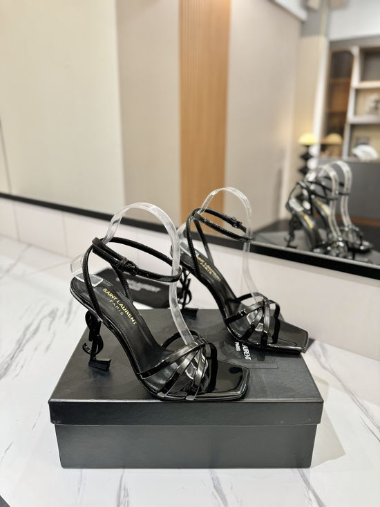 Yves Saint Laurent Patent Leather High Heel Sandals With Logo Heel