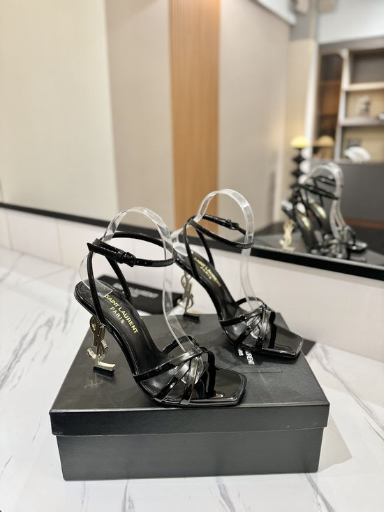 Yves Saint Laurent Patent Leather High Heel Sandals With Logo Heel