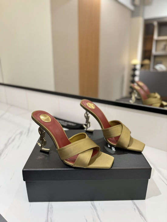 Yves Saint Laurent Patent Leather Silk High Heel Sandals With Logo Heel