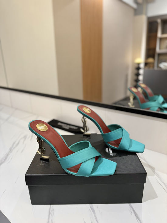 Yves Saint Laurent Patent Leather Silk High Heel Sandals With Logo Heel