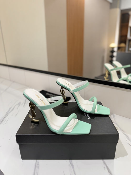 Yves Saint Laurent Patent Leather High Heel Sandals With Painted Logo Heel