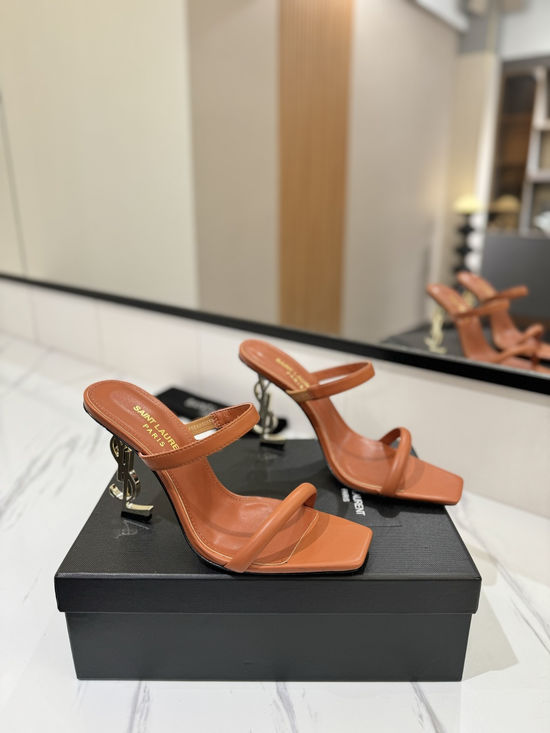 Yves Saint Laurent Patent Leather High Heel Sandals With Painted Logo Heel