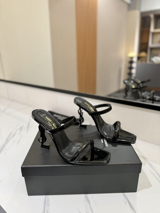Yves Saint Laurent Patent Leather High Heel Sandals With Painted Logo Heel