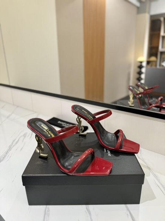Yves Saint Laurent Patent Leather High Heel Sandals With Painted Logo Heel