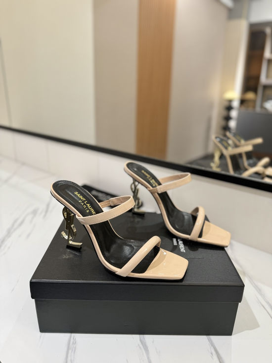 Yves Saint Laurent Patent Leather High Heel Sandals With Painted Logo Heel