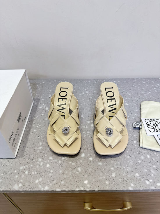 Loewe Button Design Toe Post Leather Sandals with Vase Heel