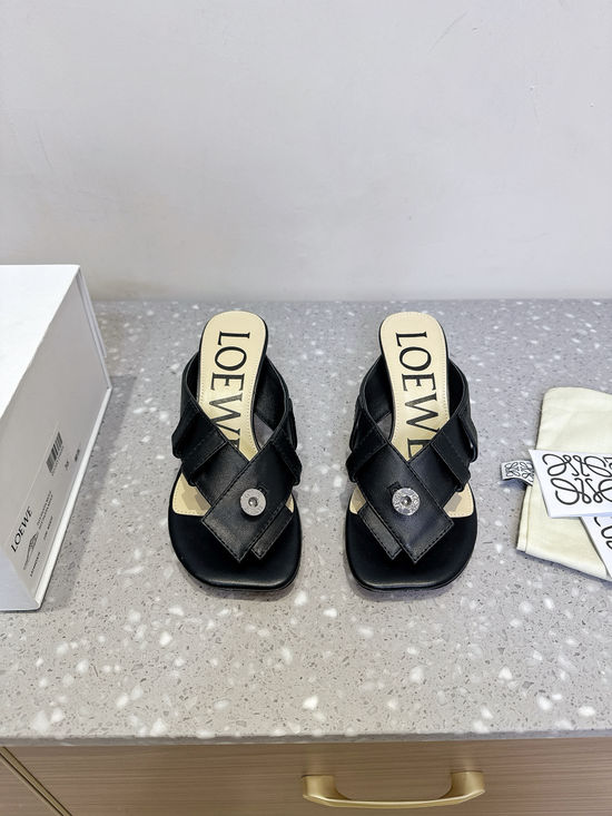 Loewe Button Design Toe Post Leather Sandals with Vase Heel