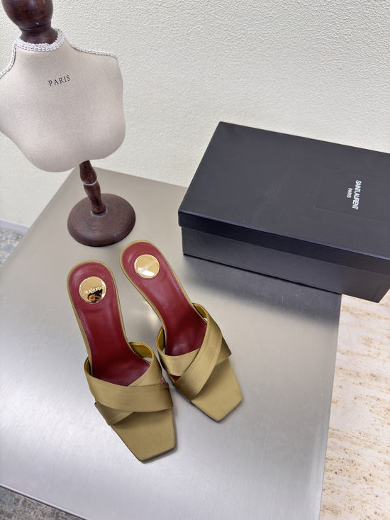 Yves Saint Laurent Olive Green Silk Cross Strap High Heel Slides