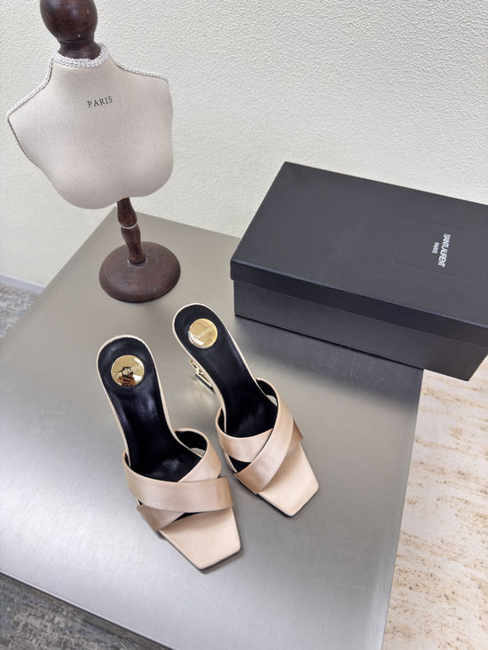 Yves Saint Laurent Champagne Silk Cross Strap High Heel Slides