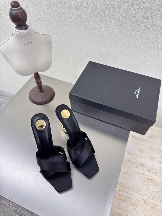Yves Saint Laurent Black Silk Cross Strap High Heel Slides