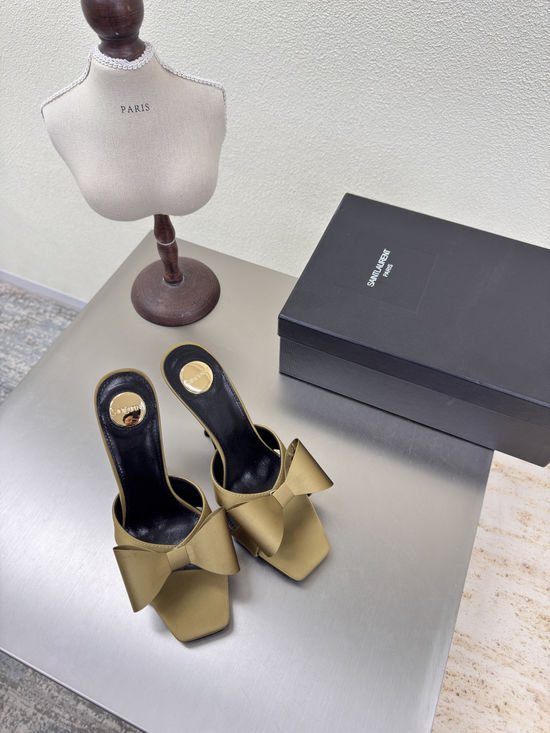 Yves Saint Laurent Olive Green Silk Bow Heeled Slide Sandals Leather Sole