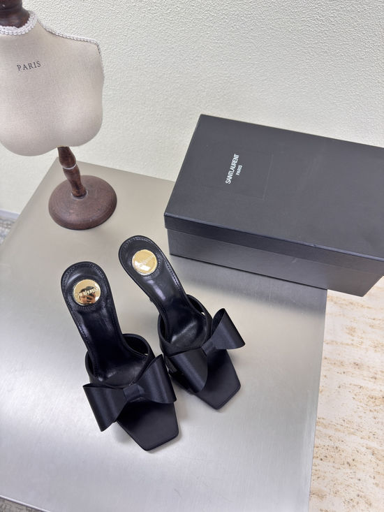 Yves Saint Laurent Black Silk Bow Heeled Slide Sandals Leather Sole