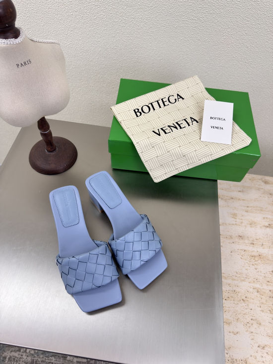 Bottega Veneta Pale Blue Woven Square Block Heel Mules