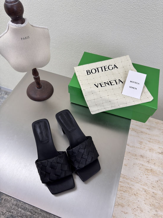 Bottega Veneta Black Woven Square Toe Mid Heel Mule Slides