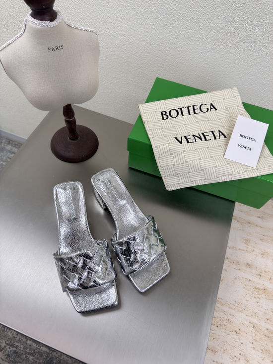 Bottega Veneta Square Toe Woven Mules Silver Mid Heel Comfortable Casual Shoes