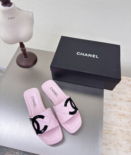 Chanel Pink Lambskin Platform Slides with Clear Logo Detail