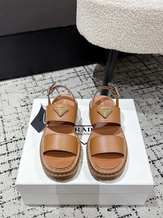 Prada Cut Out Leather Sandals With Metal Emblem Non Slip Sole