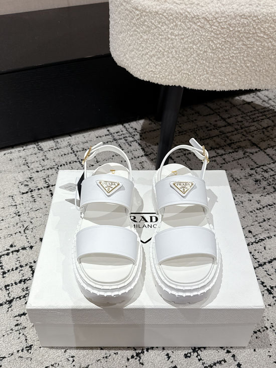 Prada Cut Out Leather Sandals With Metal Emblem Non Slip Sole
