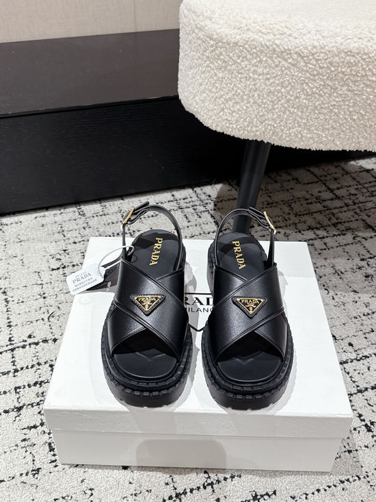 Prada Cut Out Leather Sandals With Metal Emblem Non Slip Sole