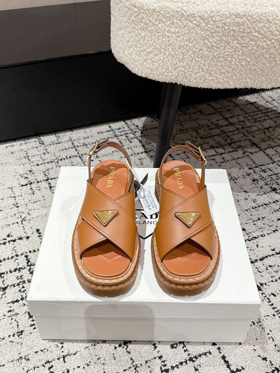 Prada Cut Out Leather Sandals With Metal Emblem Non Slip Sole