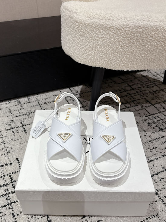 Prada Cut Out Leather Sandals With Metal Emblem Non Slip Sole