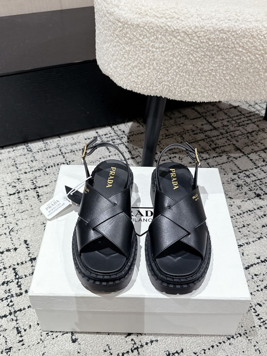 Prada Cut Out Leather Sandals With Metal Emblem Non Slip Sole