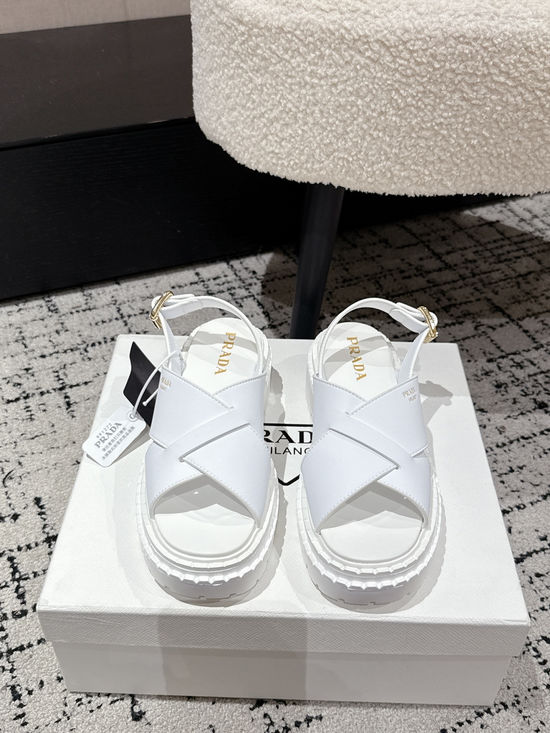 Prada Cut Out Leather Sandals With Metal Emblem Non Slip Sole