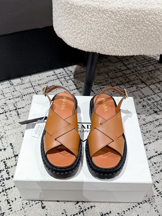 Prada Cut Out Leather Sandals With Metal Emblem Non Slip Sole
