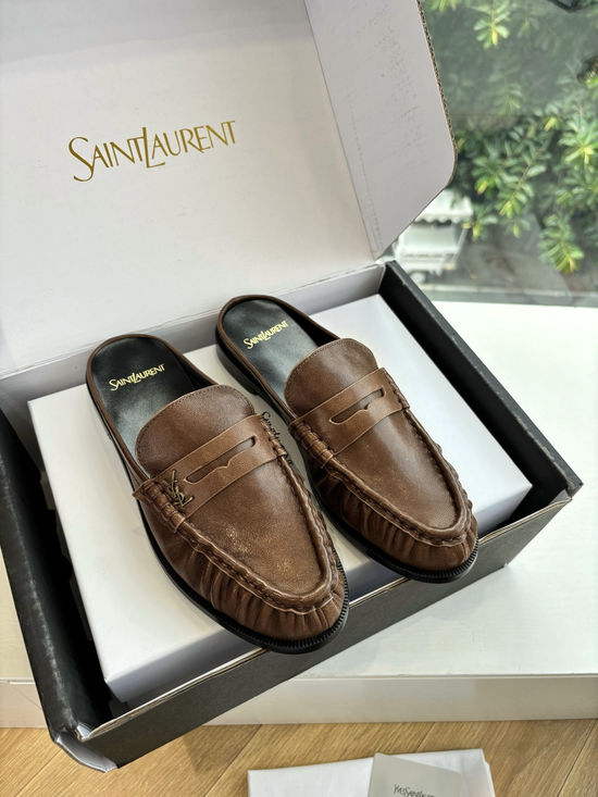 Yves Saint Laurent Classic Small Logo Mule Loafers Almond Toe Leather Shoes