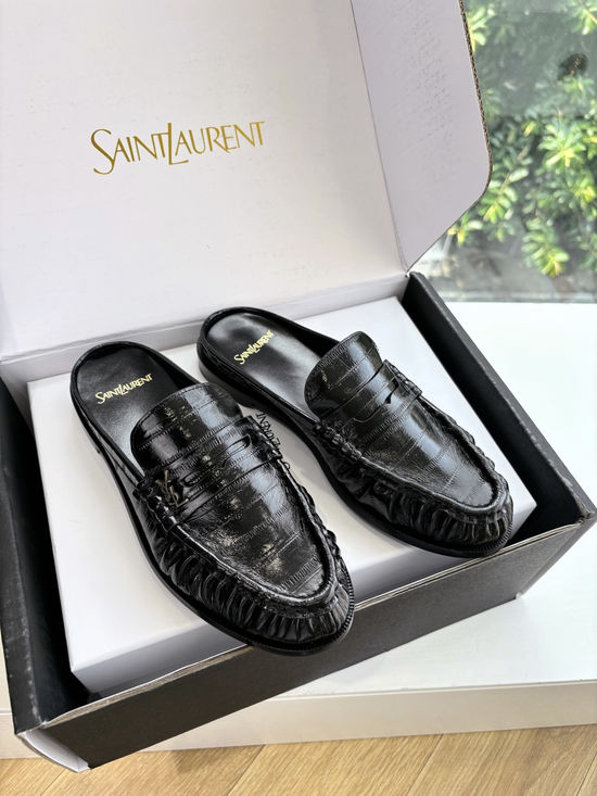Yves Saint Laurent Classic Small Logo Mule Loafers Almond Toe Leather Shoes