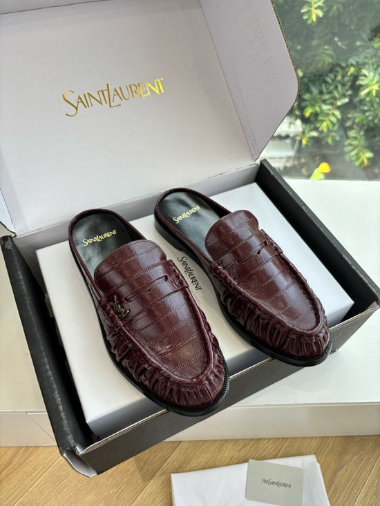 Yves Saint Laurent Classic Small Logo Mule Loafers Almond Toe Leather Shoes