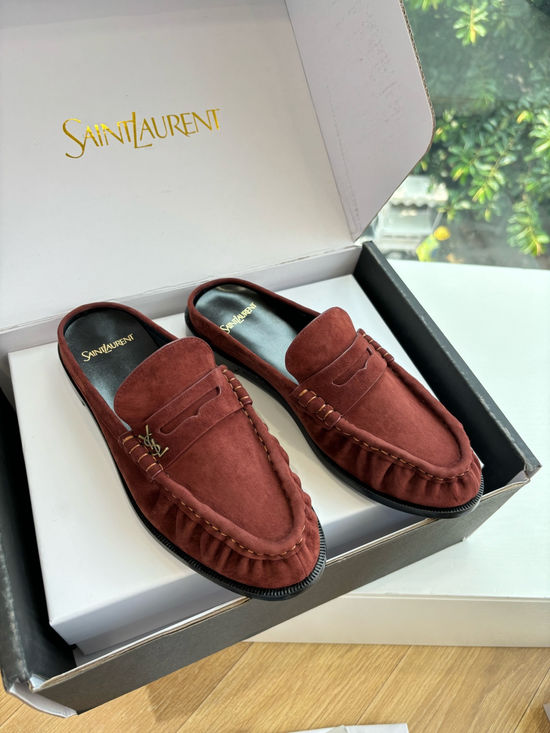 Yves Saint Laurent Classic Small Logo Mule Loafers Almond Toe Leather Shoes