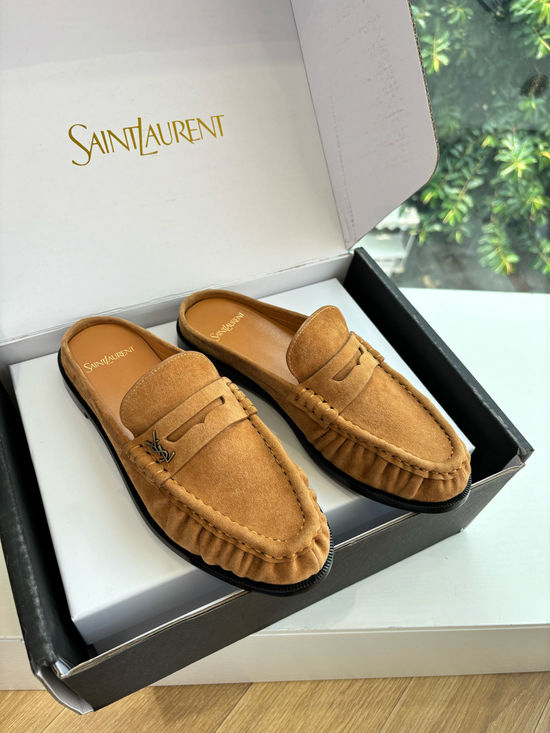 Yves Saint Laurent Classic Small Logo Mule Loafers Almond Toe Leather Shoes