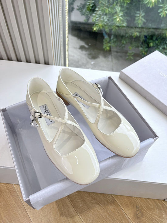 Jimmy Choo Pearl Embellished Cross Strap Leather Mary Jane Flat Shoes