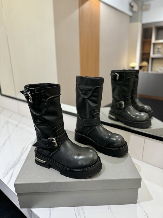 Balenciaga Vintage Buckle Calfskin Mid Calf Boots with Rubber Sole