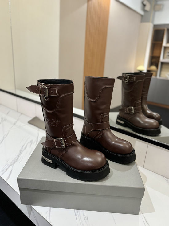 Balenciaga Vintage Buckle Calfskin Mid Calf Boots with Rubber Sole