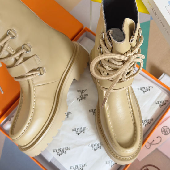 Hermes Genuine Cowhide Lace-up Ankle Boots with Platform Sole