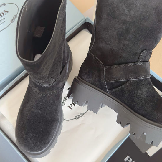 Prada Genuine Leather Biker Ankle Boots with Metal Embellishment